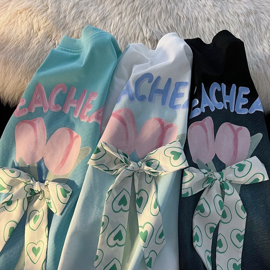 Áo Thun Cotton Ngắn Tay Đính Nơ Phong Cách Hàn Quốc Cho Nữ