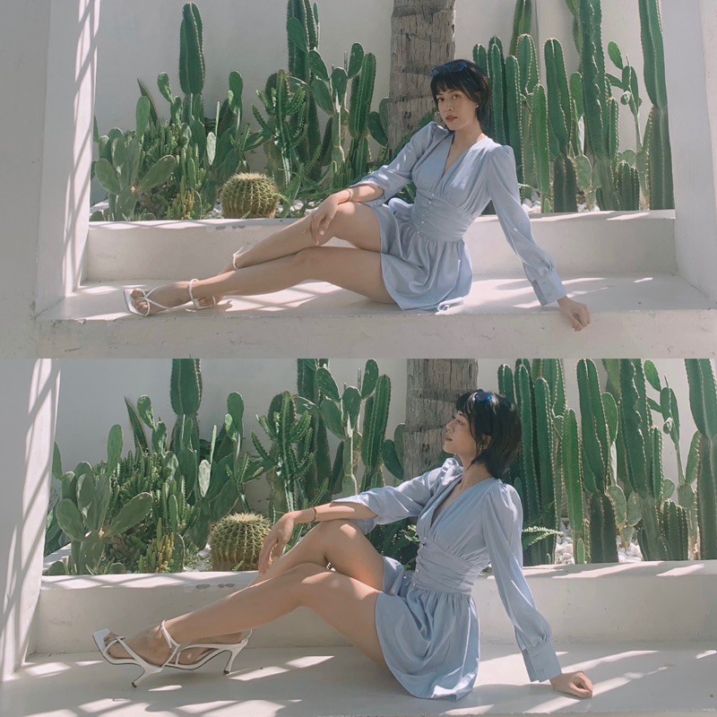 Áo liền quần lụa màu xanh