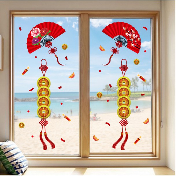 Decal trang trí tết 2021 - Dây Quạt đỏ đồng Xu may mắn