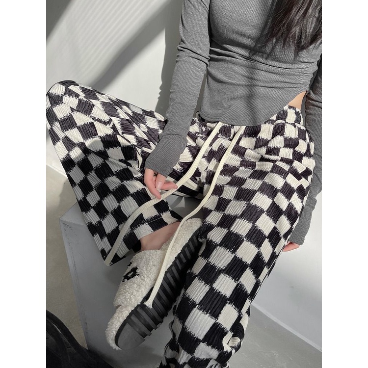 Quần Dài Lưng Cao Ống Rộng Họa Tiết Sọc Caro Trắng Đen Thời Trang Xuân Hè Cá Tính Cho Nữ