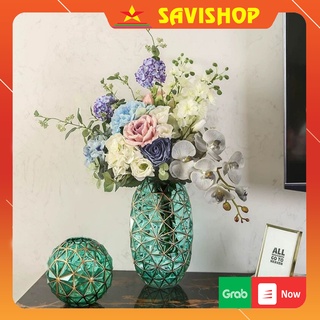 Bình hoa thủy tinh 🔴SAVISHOP🔴Lọ cắm hoa họa tiết kim cương  - Lọ thủy tinh trang trí tiệc, đám cưới màu xanh sang trong