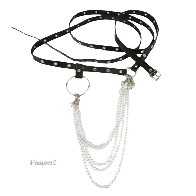 [Fenteer1] Vòng Đeo Cơ Thể Bằng Da PU Phối Dây Xích Kim Loại Tua Rua Thoải Mái Phong Cách Punk Cho Nữ