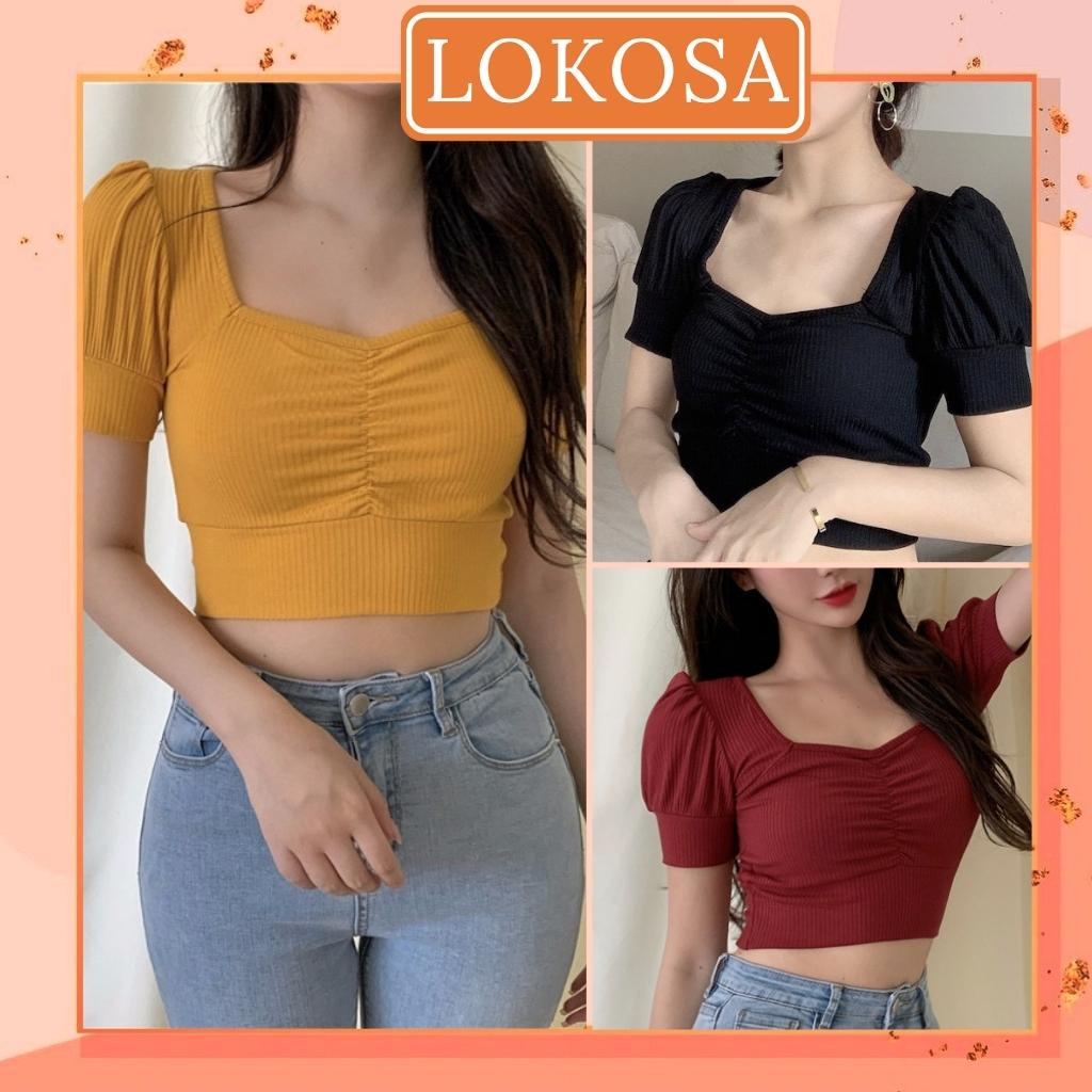 Áo Kiểu Croptop Tay Ngắn LOKOSA, Áo thun Crotop cổ vuông tay phồng ôm body thể thao cá tính AO012