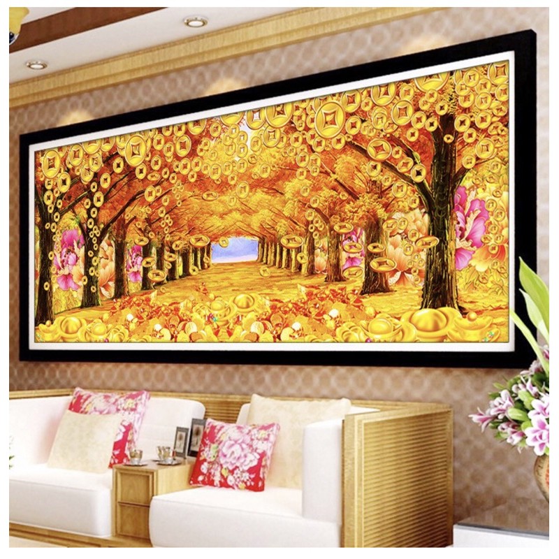 tranh rừng cây tài lộc đính đá  kt 180x70 cm ;; thêu chữ thập kt 160x75 cm // 200x90 cm