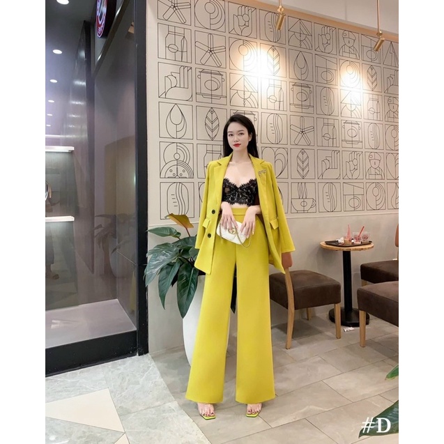 Set vest 4 nút quần ống rộng kèm bra