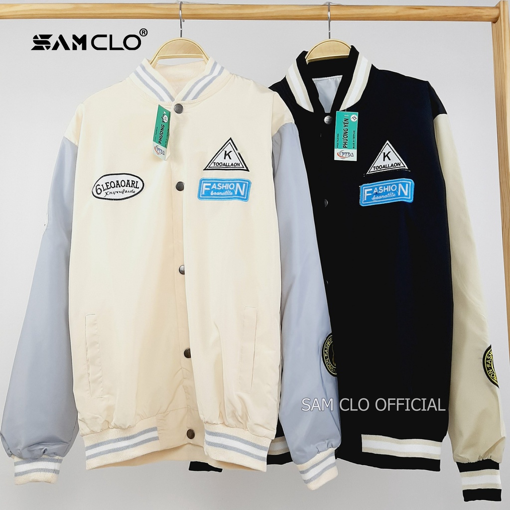 ÁO KHOÁC DÙ nam nữ 2 lớp SAM CLO - Áo khoác gió BOMBER có nút form rộng unisex mặc cặp - couple THÊU LOGO K-FASHION
