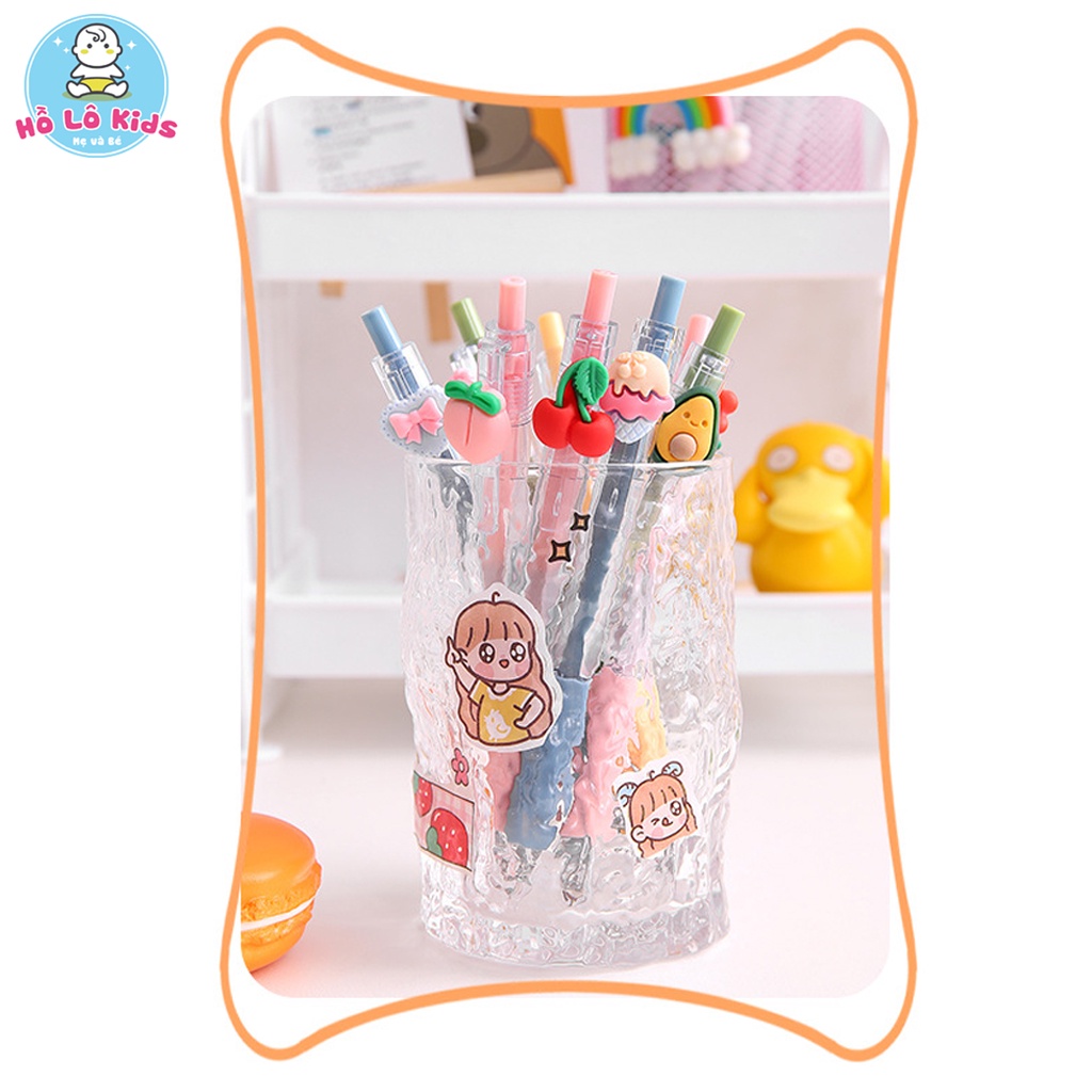 Bút bi nước cute mực đen ngòi 0.5mm, vỏ bút trong suốt gắn hoa quả dễ thương Hồ Lô Kids
