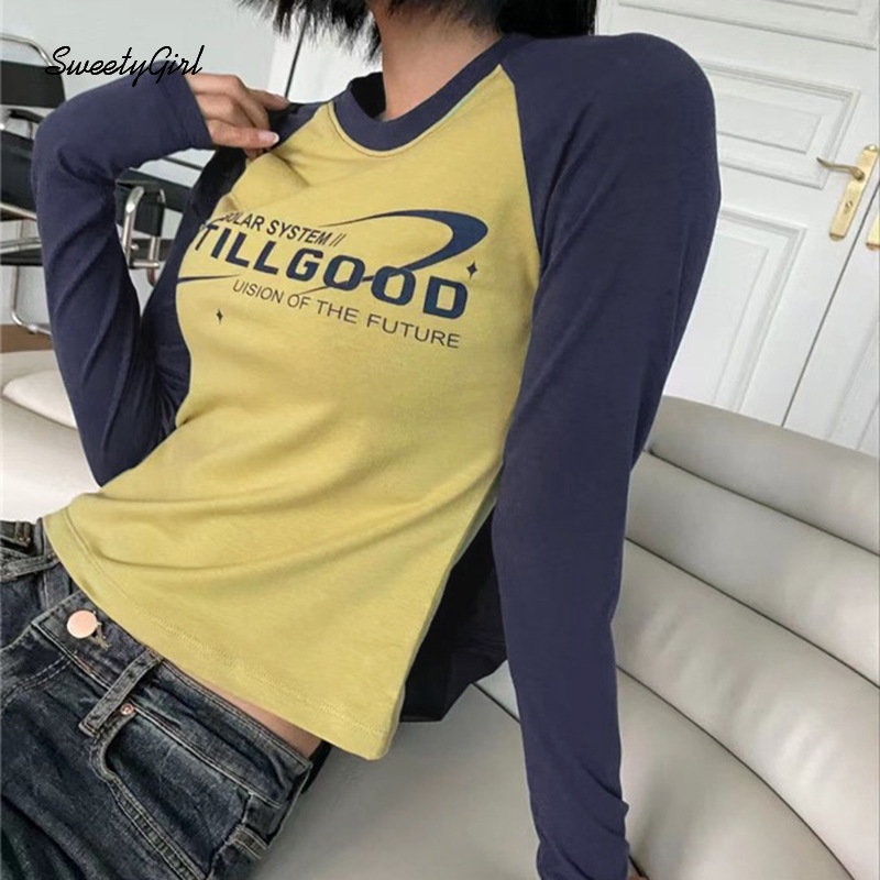 Áo Thun Tay Dài Cổ Tròn Dáng Ôm In Chữ Phối Màu Tương Phản Thời Trang 2022 Cho Nữ