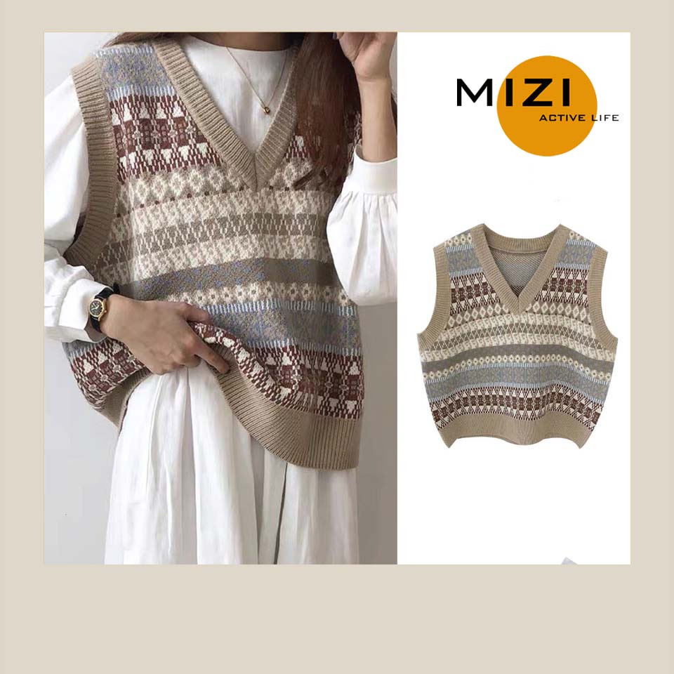 Áo len gile nữ hàn quốc form rộng cổ chữ v cao cấp thổ cẩm MIzi AN03