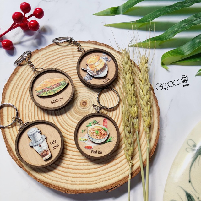 Móc khoá khắc gỗ hình đồ ăn