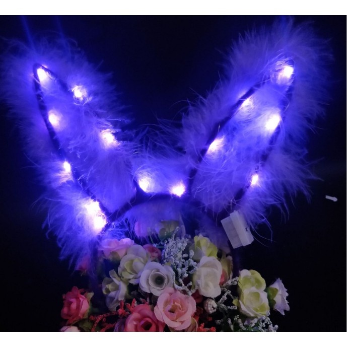 Bờm trung thu phát sáng tai thỏ lông vũ đẹp 3 chế độ đèn Led
