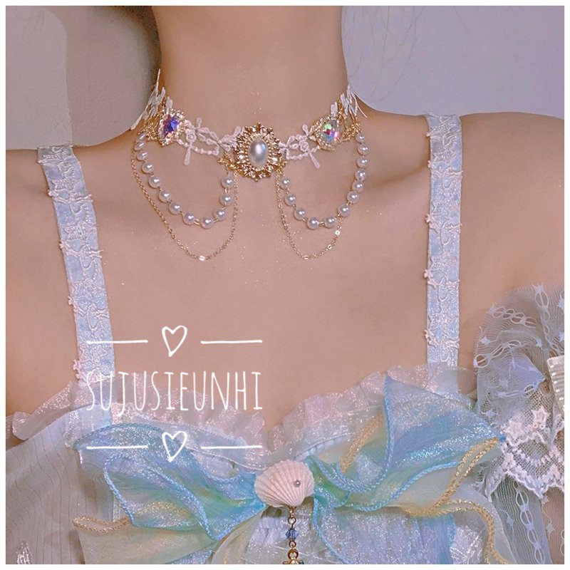 CÓ VIDEO-(Loại đẹp) Vòng cổ choker ren họa tiết đính ngọc, trái tim Lolita