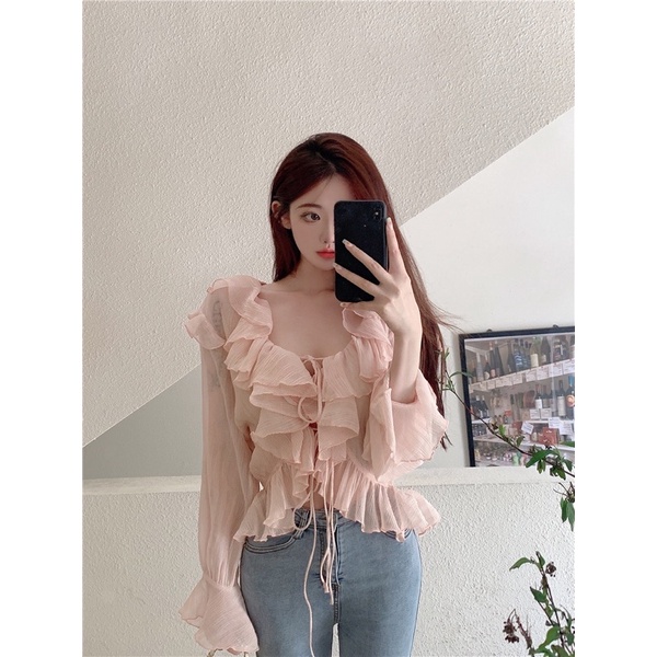 Áo tay dài tiểu thư cổ V viền bèo dây ngực kiểu bánh bèo phong cách VINTAGE 2022