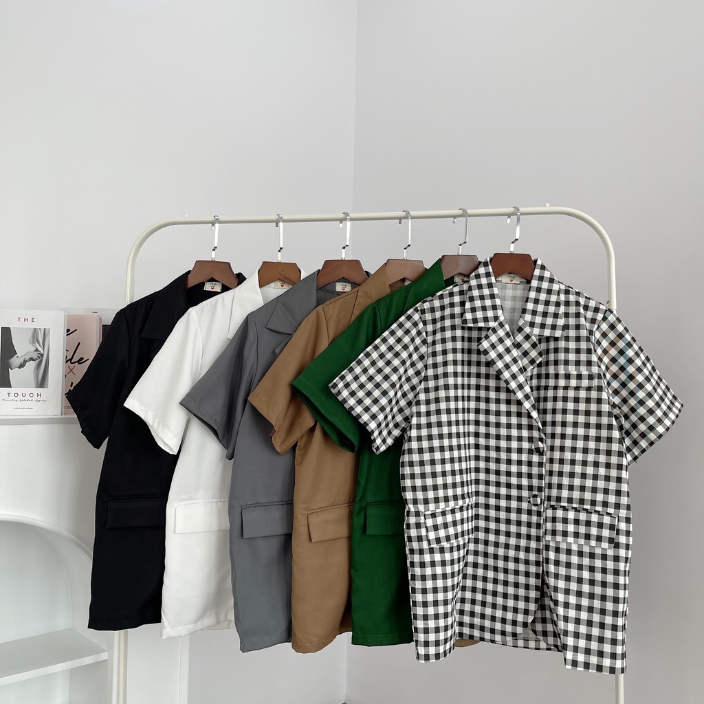 Áo BLAZER nữ TAY NGẮN túi nắp, áo vest khoác ngoài họa tiết caro, áo vest 1 lớp style Hàn Quốc | BigBuy360 - bigbuy360.vn
