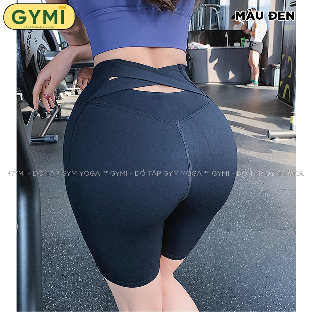 Quần lửng tập gym yoga nữ GYMI QL12 dáng ngố lửng biker thể thao cạp chéo phía lưng chất thun poly mát lạnh co giãn