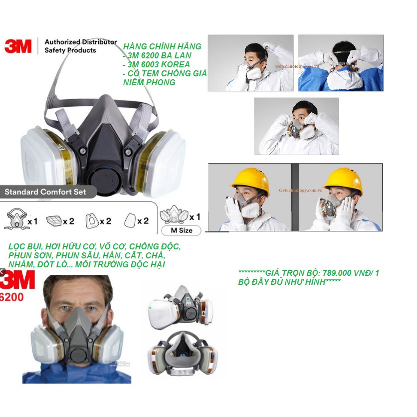 Mặt nạ phòng độc 3M6200 BA LAN sử dụng phin 3M6003 (Korea Hàn Quốc) trọn bộ y hình