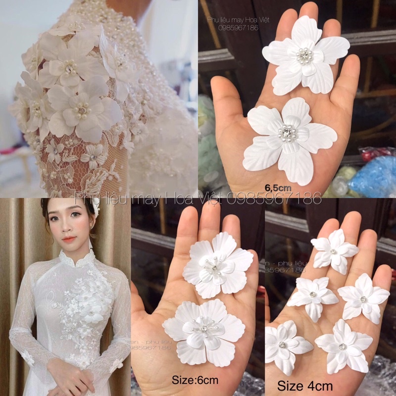 Hoa cánh lụa kết nhuỵ đá pha lê đính áo váy
