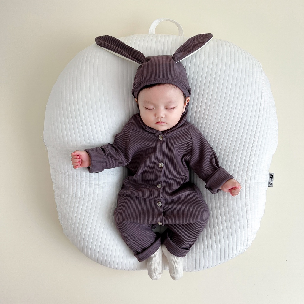 Bộ Áo Liền Quần Bằng Cotton Có Mũ Trùm Tai Thỏ Dễ Thương Cho Bé 0-2 Tuổi
