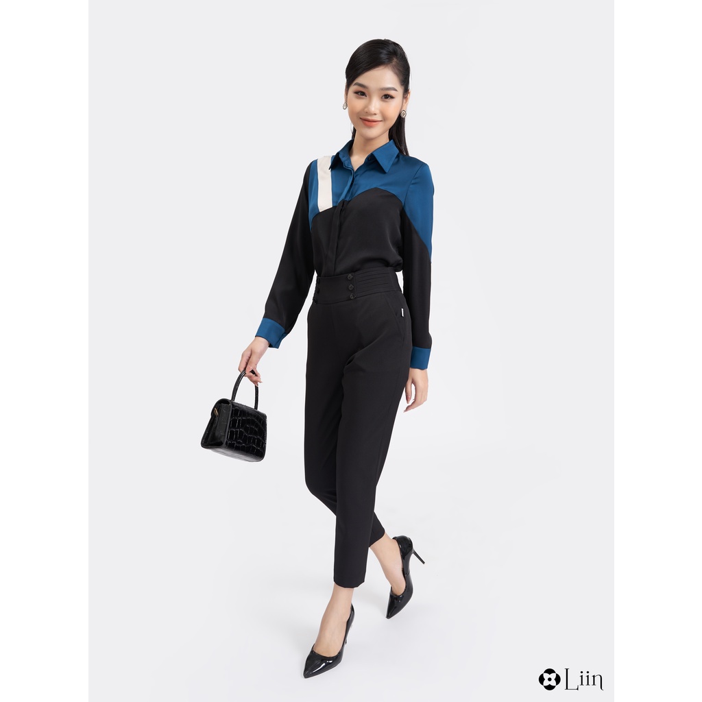 Quần baggy màu đen cạp cao viền cúc dáng công sở thanh lịch Liin Clothing Q3654