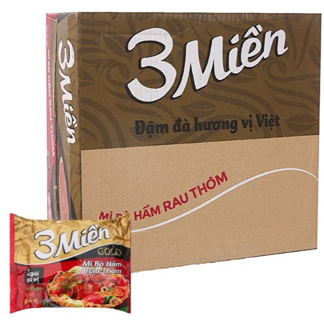 Thùng 30 Gói Mì 3 Miền Gold Bò Hầm Rau Thơm/ Tôm chua cay gói 75g