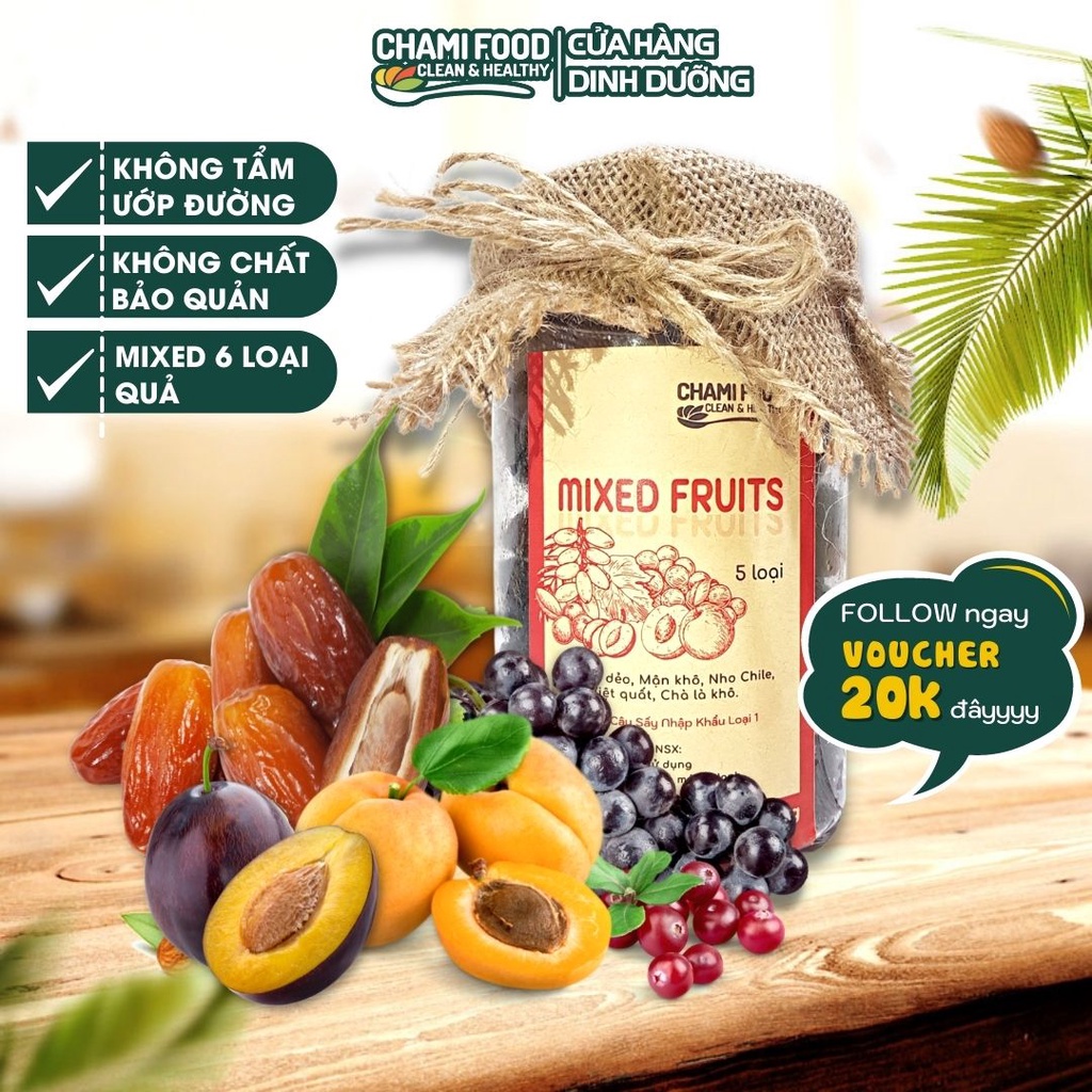Trái Cây Sấy Dẻo Chami KHÔNG ĐƯỜNG 500G Mix 6 Hoa Quả Mơ Sấy Dẻo Chà Là Mận Sấy Nho khô Nam Việt Quất Sấy Xoài Sấy