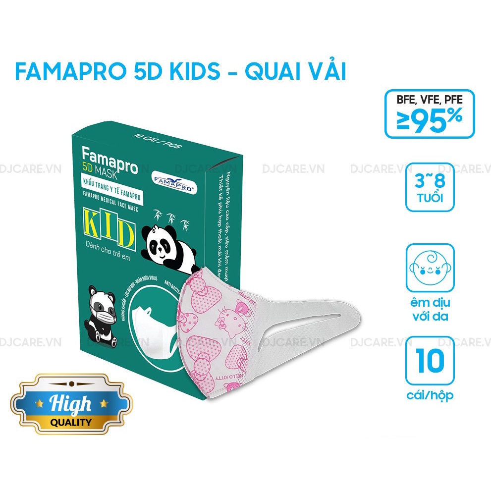 [3D MASK KID QUAI VẢI- HỘP 10 CÁI] Khẩu trang y tế trẻ em kháng khuẩn 3 lớp Famapro