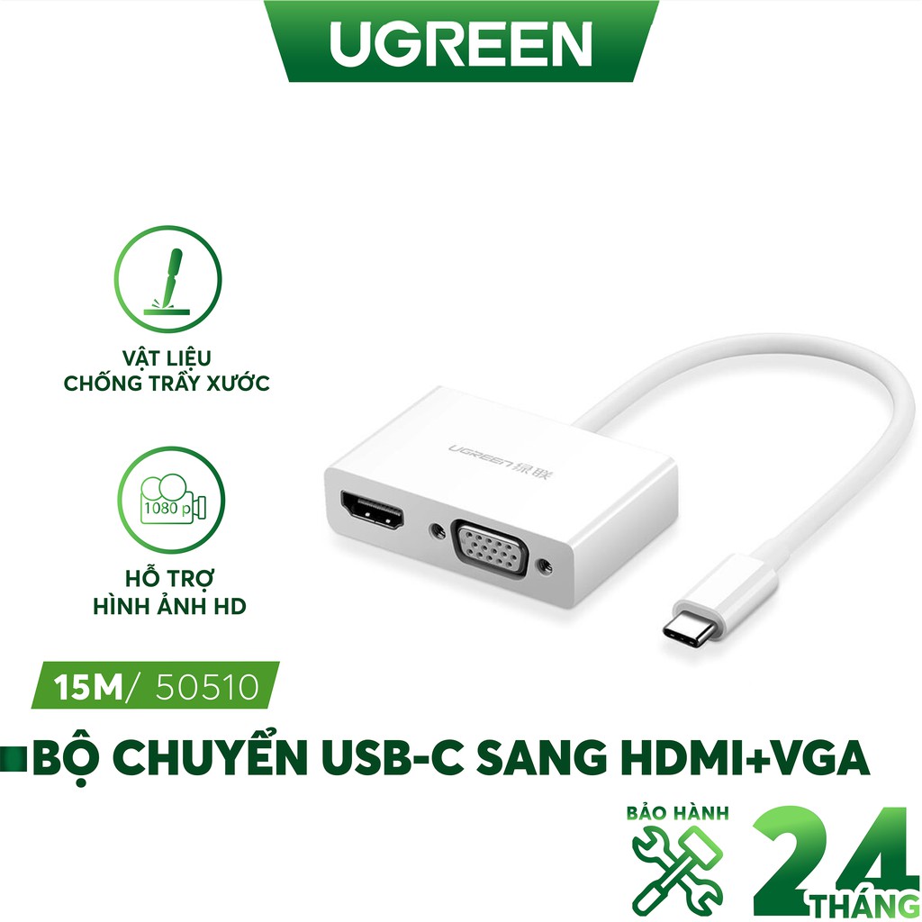 [Mã ELMALL300K giảm 5% đơn 500K] Bộ chuyển đổi USB type C sang HDMI+VGA dài 15cm UGREEN CM178