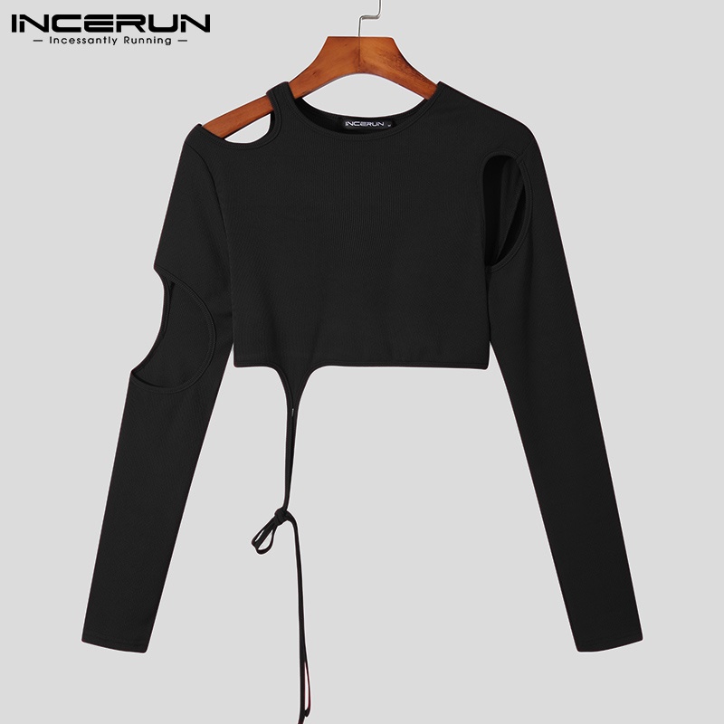 Áo thun nam INCERUN dáng lửng tay dài màu trơn khoét lỗ thời trang