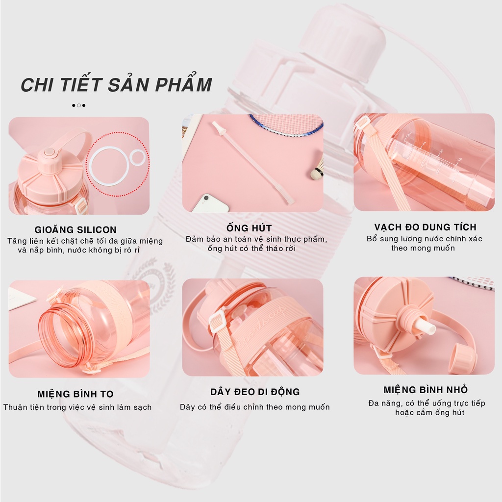 Bình đựng nước 2 lít có vòi cute chai nhựa đựng nước 1 lít có ống hút dây đeo binh dung nuoc đi học cho bé Sumio_offical