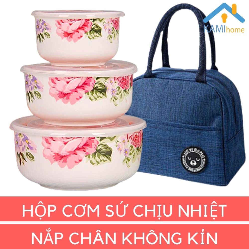 Hộp đựng cơm văn phòng gồm 3 bát Sứ chịu nhiệt-Nắp chống tràn bảo quản thực phẩm mã 20020