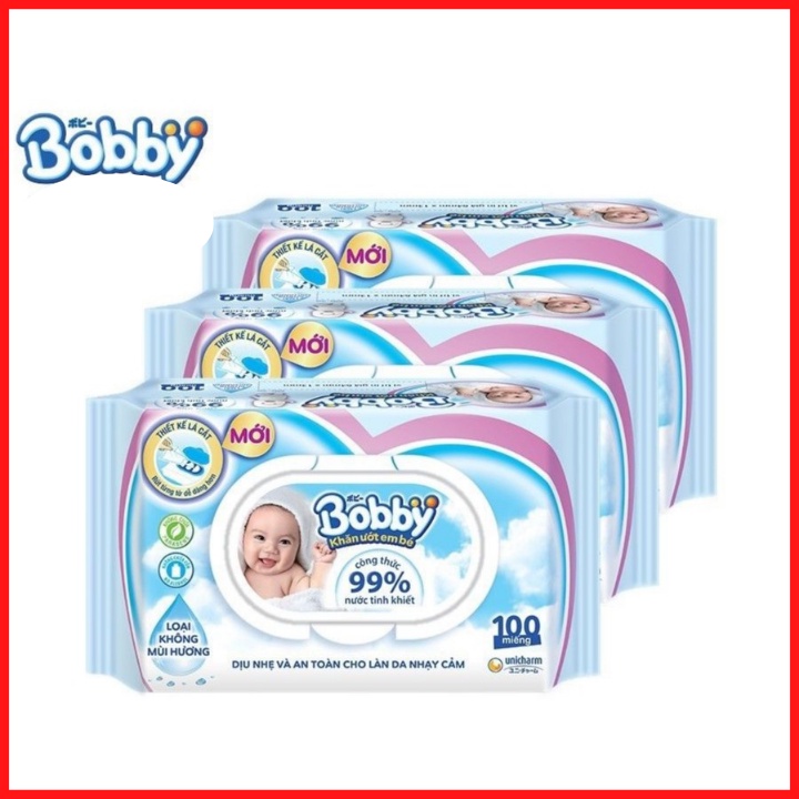 Khăn Giấy Ướt Không Cồn Bobby gói 100 tờ có nắp gài - Khăn Ướt Thương hiệu Nhật dùng tẩy trang, vệ sinh an toàn tiện lợi