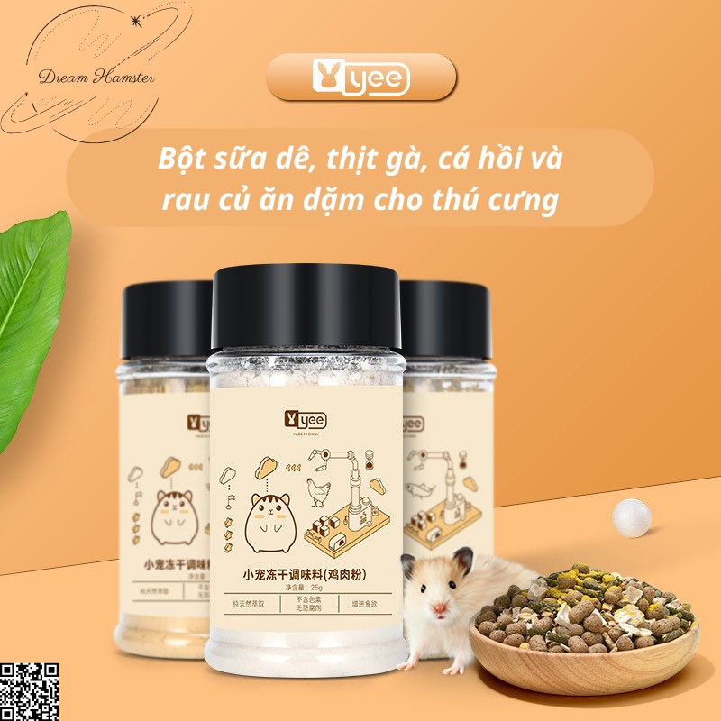 Bột sữa dê, cá hồi, thịt gà và các loại bột ăn dặm rau củ Yee khác cho hamster, rat, thỏ, bọ, nhím, sóc...