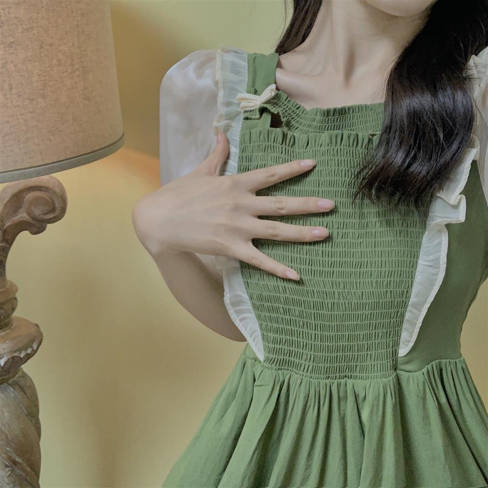 Đầm Midi Chữ A Tay Phồng Phối Lưới Màu Xanh Bơ Ngọt Ngào Phong Cách Pháp Thời Trang Cho Nữ