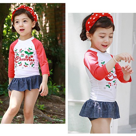 Bộ bơi dài tay bé gái họa tiết cherry đỏ siêu yêu DB04