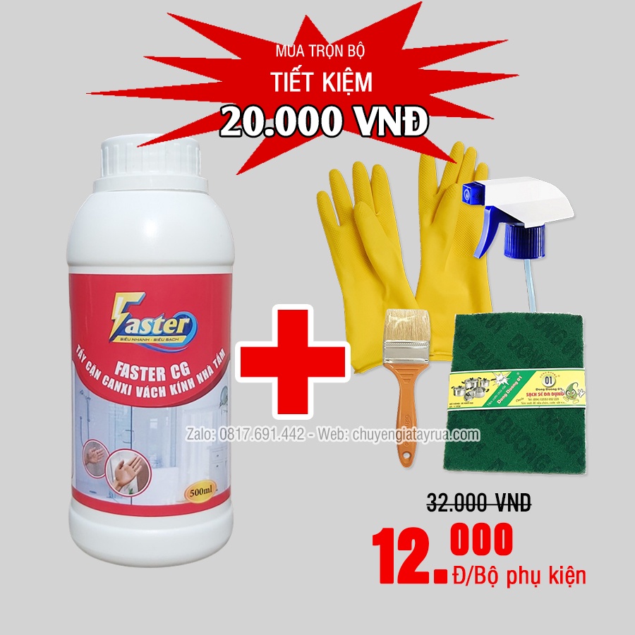 Combo Dung Dịch Tẩy Cặn Canxi Vách Kính Nhà Tắm, Gương Nhà Tắm Ố Mốc (Kèm bộ phụ kiện 4 món)