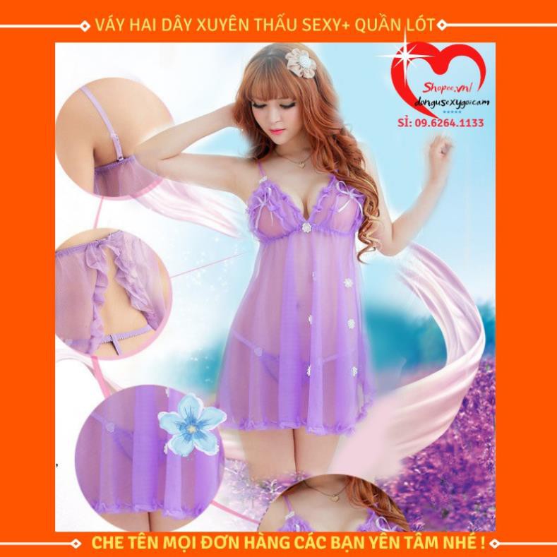 Đầm ngủ sexy - Đồ ngủ sexy 2 dây voan mỏng xuyên thấu gợi cảm đính hoa nhí ( Nhiều lựa chọn)  ྇