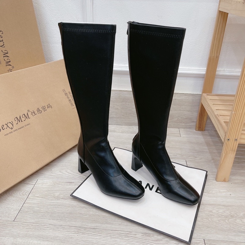 Bốt boot đùi lửng da lì viền chỉ gót trụ fullbox hàng quảng châu cao cấp