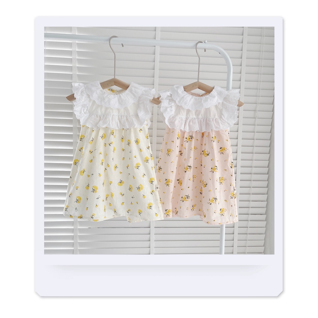 Váy hè hoa cổ 2 tâng phối ren cho bé gái 8-20kg- Chất thô nảy hạt mát