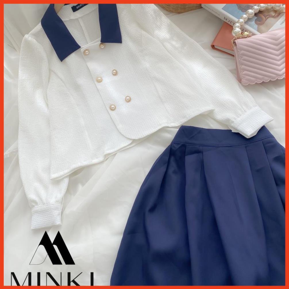 [HOT_FASHION] SET SƠ MI CÚC CHÂN VÁY XANH THAN CỔ ĐIỂN - CHẤT LIỆU CAO CẤP - PHỐI MÀU TRẮNG VÀ XANH ĐEN | BigBuy360 - bigbuy360.vn