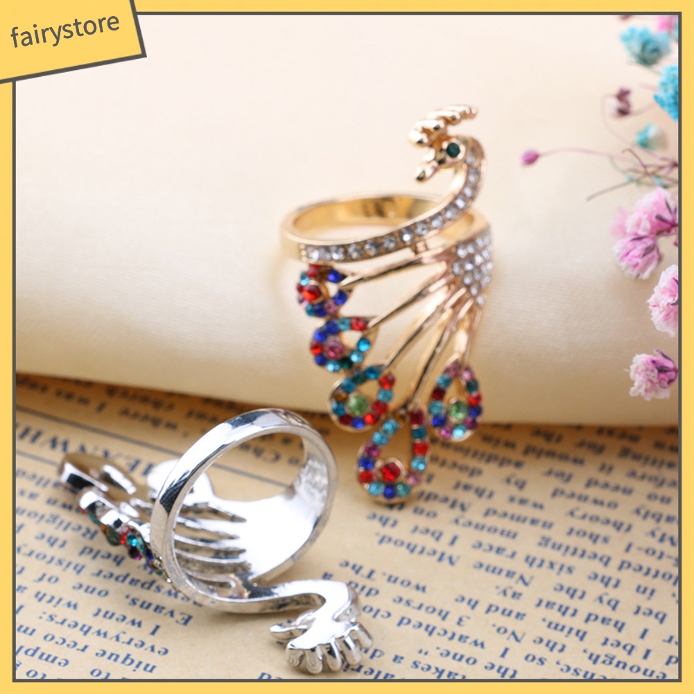 Nhẫn mạ vàng hình chim công đính đá phong cách retro thời trang