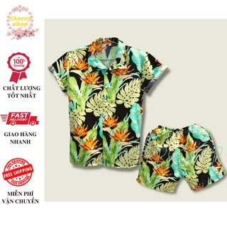 Đồ đôi nam nữ đi biển mùa hè hoa lá xanh, đủ size
