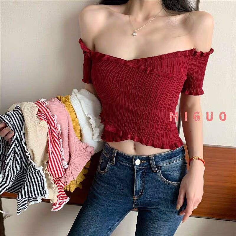 Áo Thun Croptop Dệt Kim Tay Ngắn Ôm Dáng Quyến Rũ
