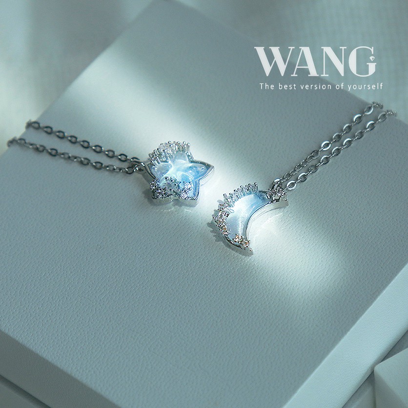 Bộ Hai Vòng cổ Thép 18k Mặt Trăng Ngôi Sao Đính Đá Zircon Đổi Màu Chất Lượng Cao