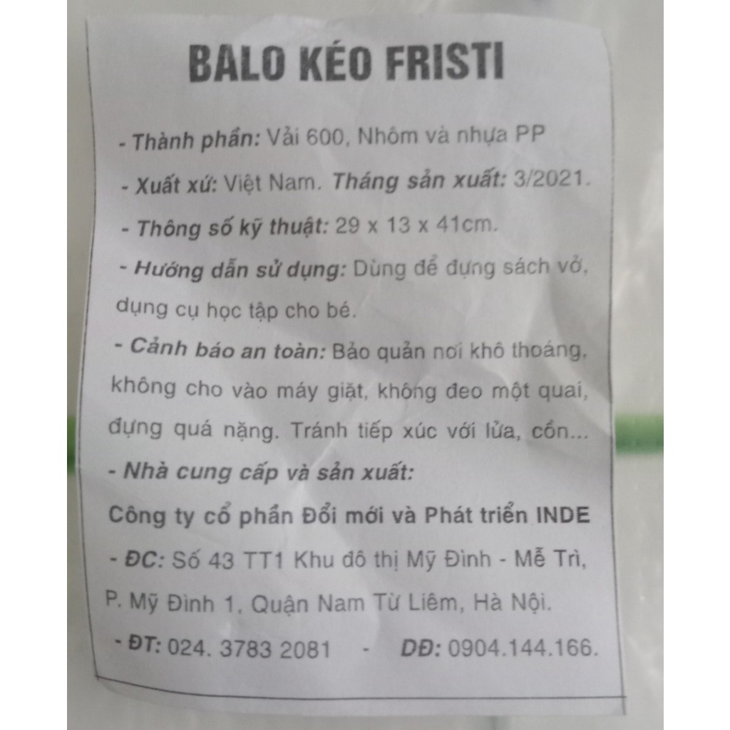 Balo trẻ em Fristi có bộ cần kéo như Vali (quà khuyến mại của hãng sữa fristi)