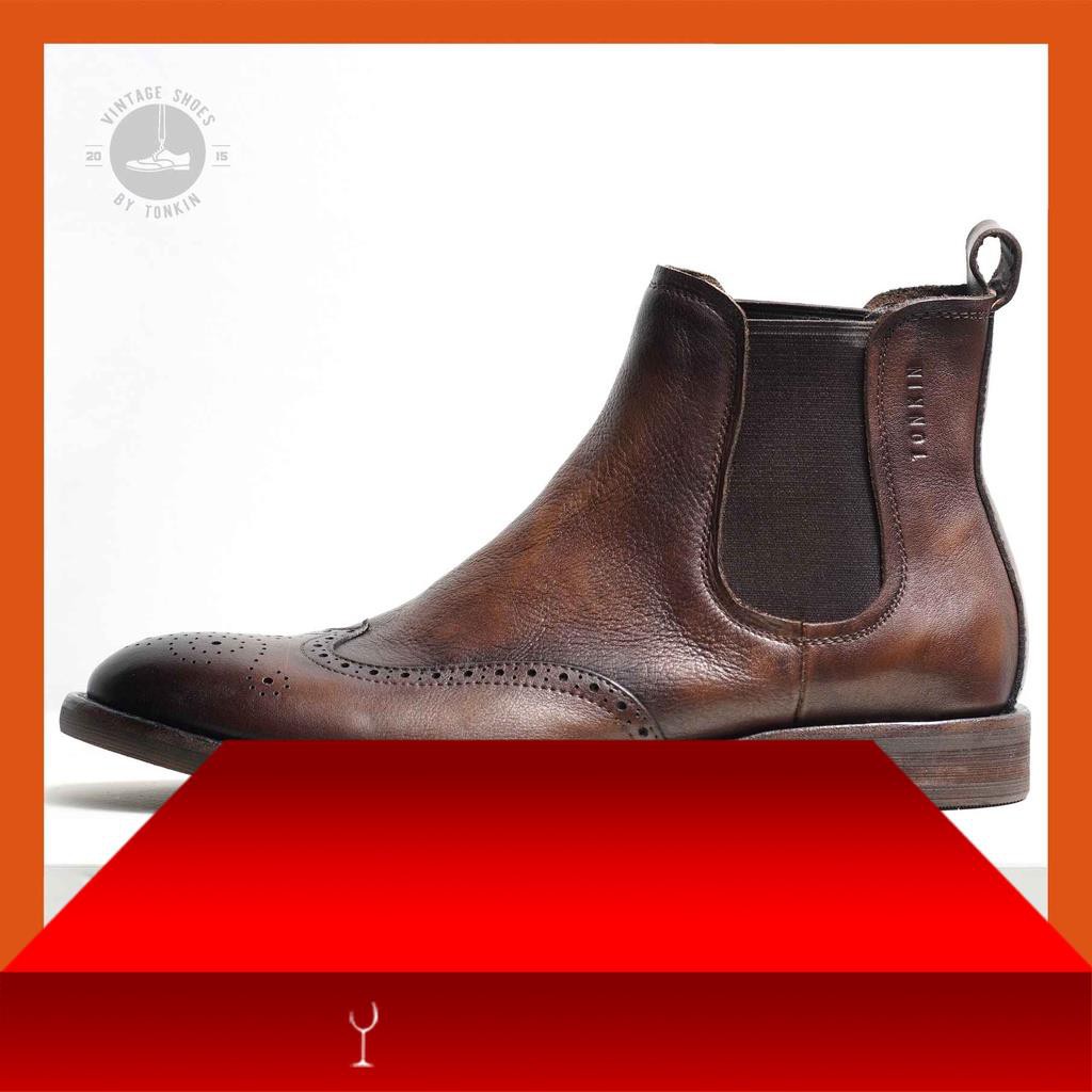 Giày boot nam cao cổ CHELSEA NÂU WINGTIP da thật 2 lớp Mũi tròn đế khâu Công sở văn phò