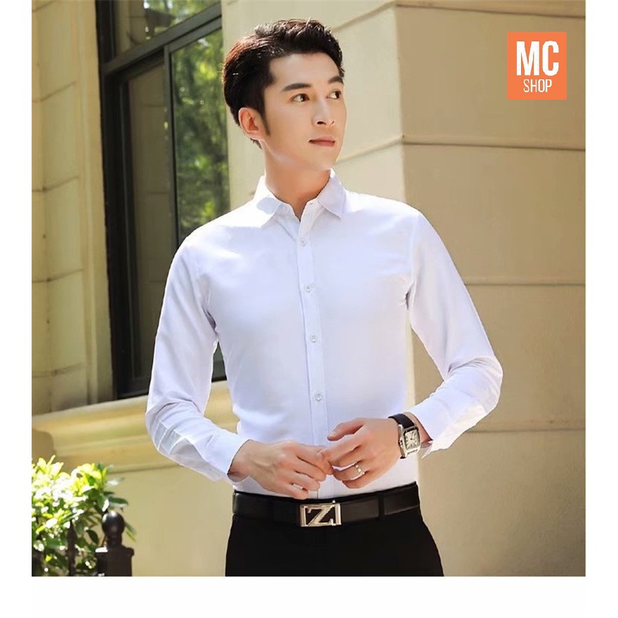 Áo sơ mi nam trắng [Vải lụa co giãn nhẹ] dài tay Hàn Quốc form body, vải lụa Thái chống nhăn [Thời Trang Nam] [VNXK] | BigBuy360 - bigbuy360.vn