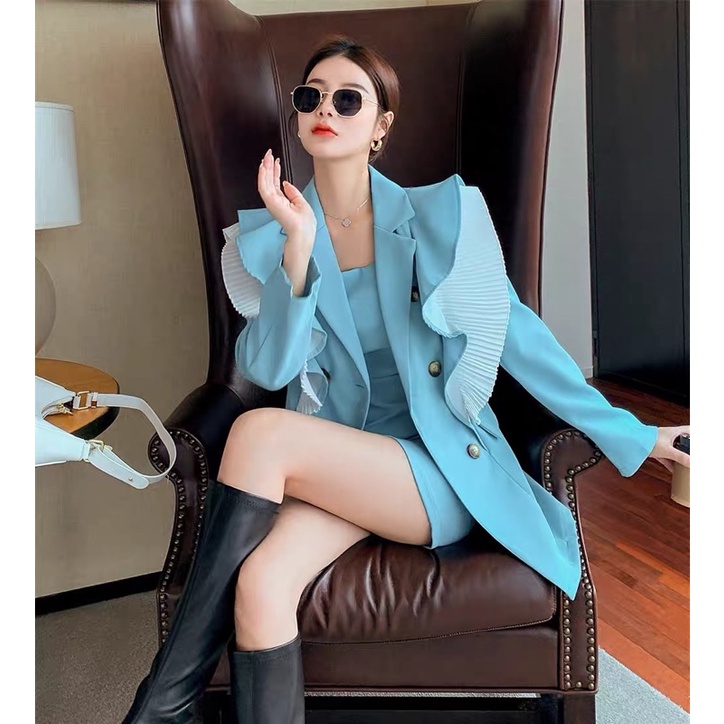 Khoác vest xanh biển dự tiệc dún tạo điểm nhấn hàng Quảng Châu