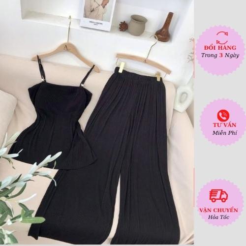 Set áo dập ly 2 dây nữ kèm quần suông ống rộng thanh lịch Hàn Quốc đồ đi biển