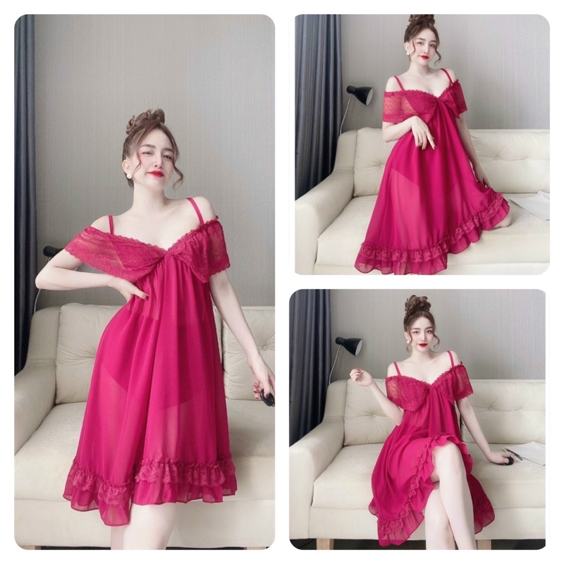 Đồ Ngủ Nữ Sexy, Váy Ngủ Nữ 2 Dây, chiffon bẹt vai kèm quần, freesize 40_65kg, tuỳ chiều cao
