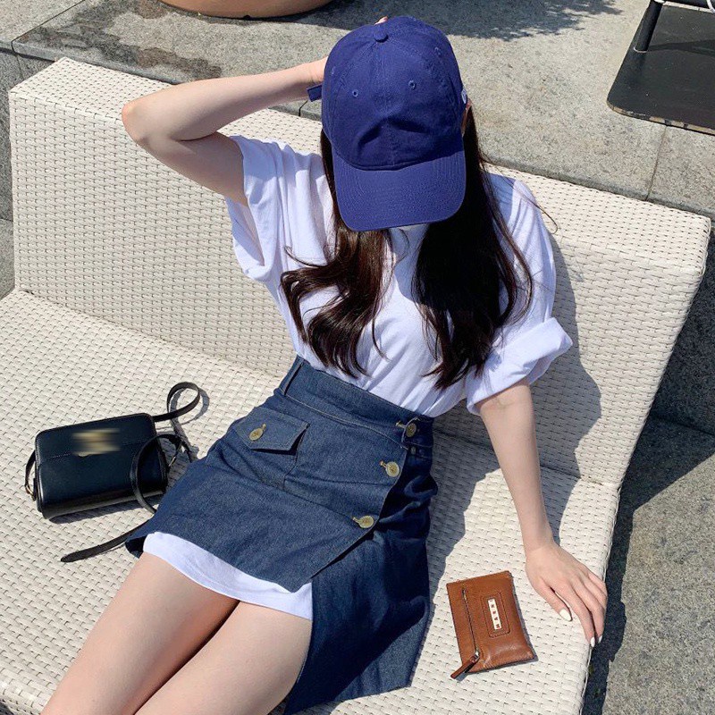 Set Áo Thun Tay Ngắn Dáng Dài + chân váy jean Ngắn Phong Cách Hàn Quốc Mới 43965